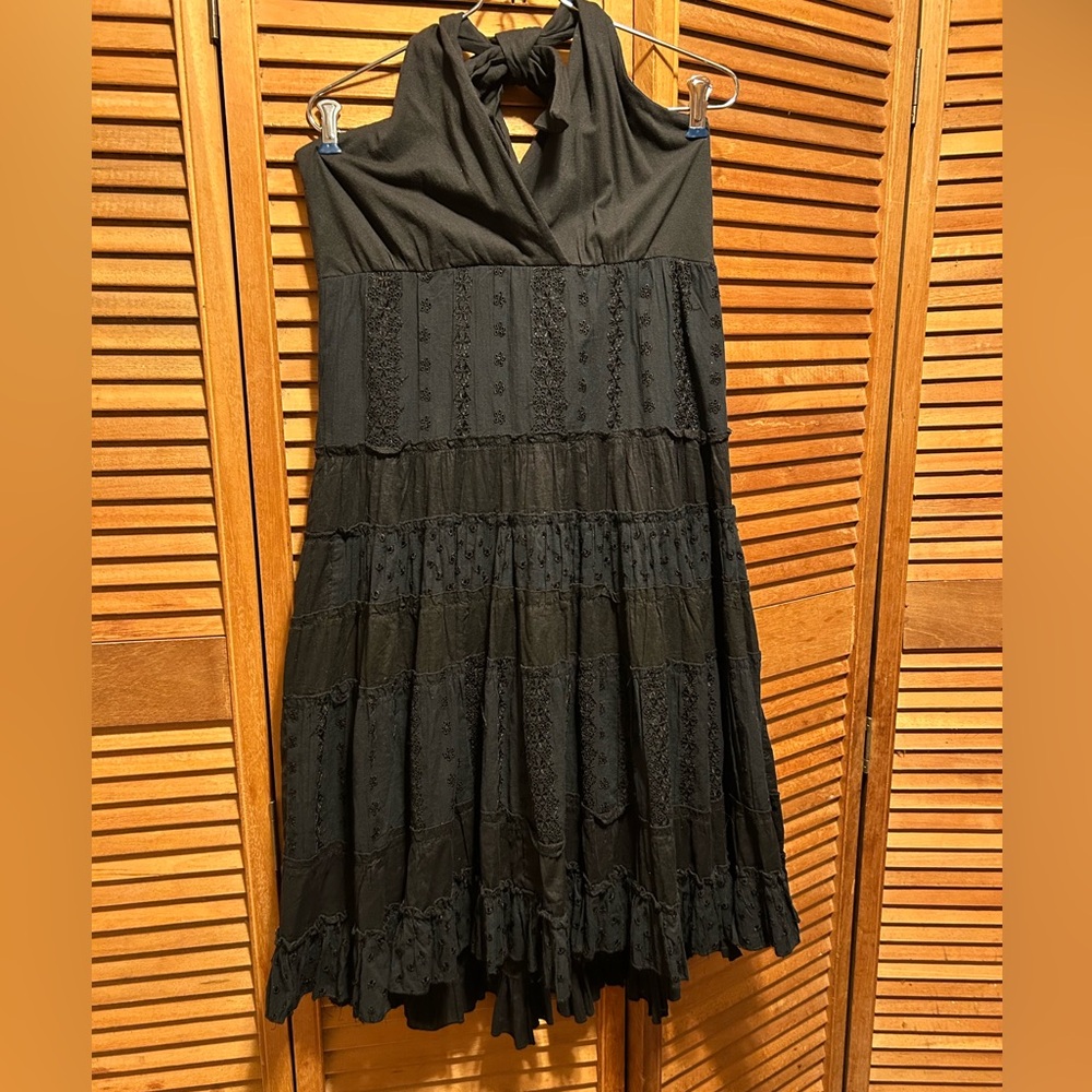 Elegant Galeno Black Embroidered and Eyelet Designed Halter Dress
